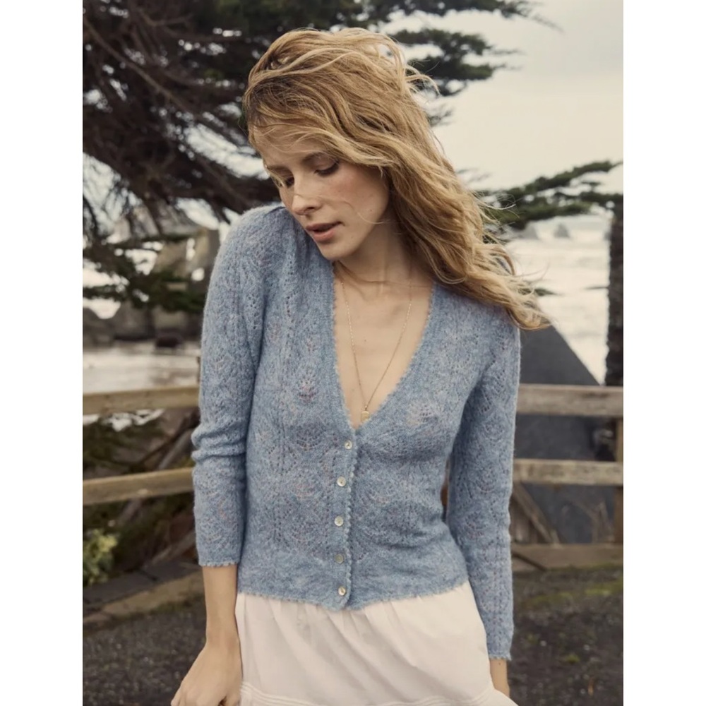 Doen Powder Blue Mohair Blend Pointelle Cardigan
